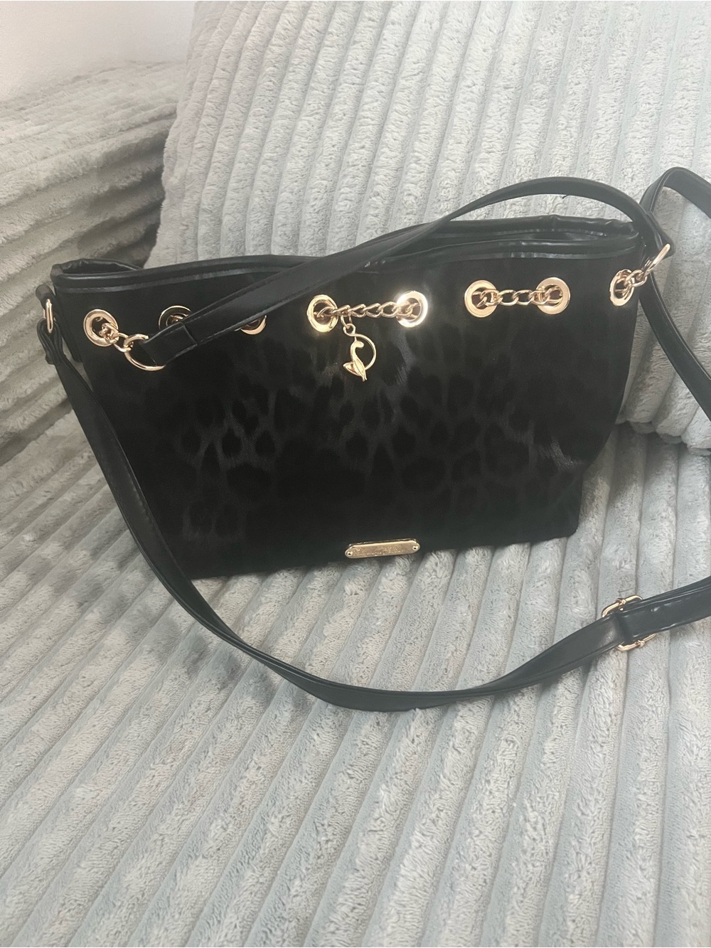 Baby Phat Black Leopard-Print Shoulder Bag with Gold Hardware
